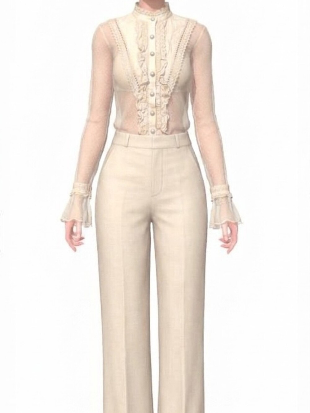 Vintage-Inspired Cream Sheer Ruffle BlouseVictorian Ivory Mesh Lace Top